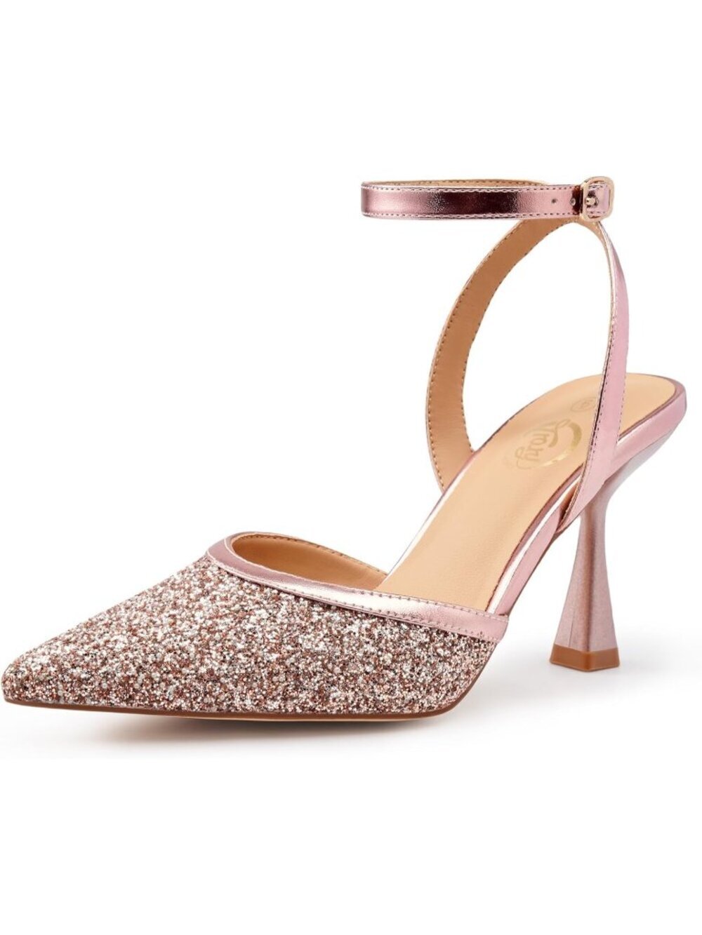 Women's Rose Gold Slingback Pointed Toe Stiletto Heels Ankle Strap Dress Shoes
